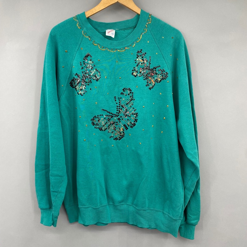 Vintage Jerzees Teal Butterfly Sequin Sweatshirt 2X Made in USA 90s Grannycore